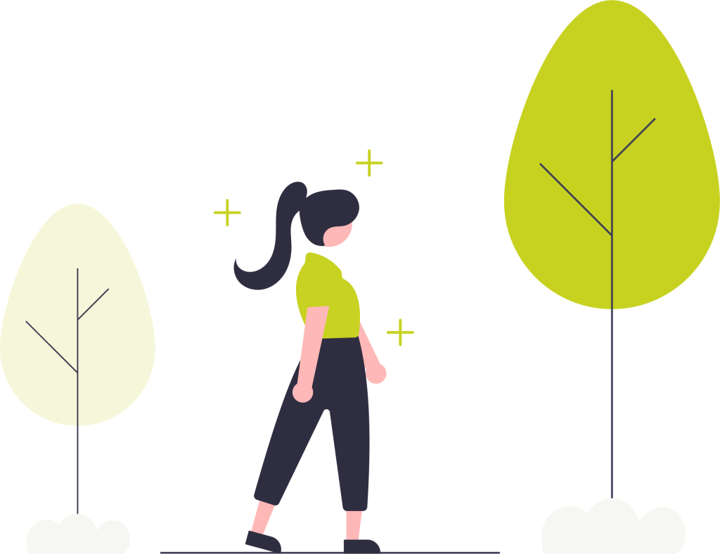 Schematische illustratie van een wandelende vrouw in groen shirt tussen groene bomen